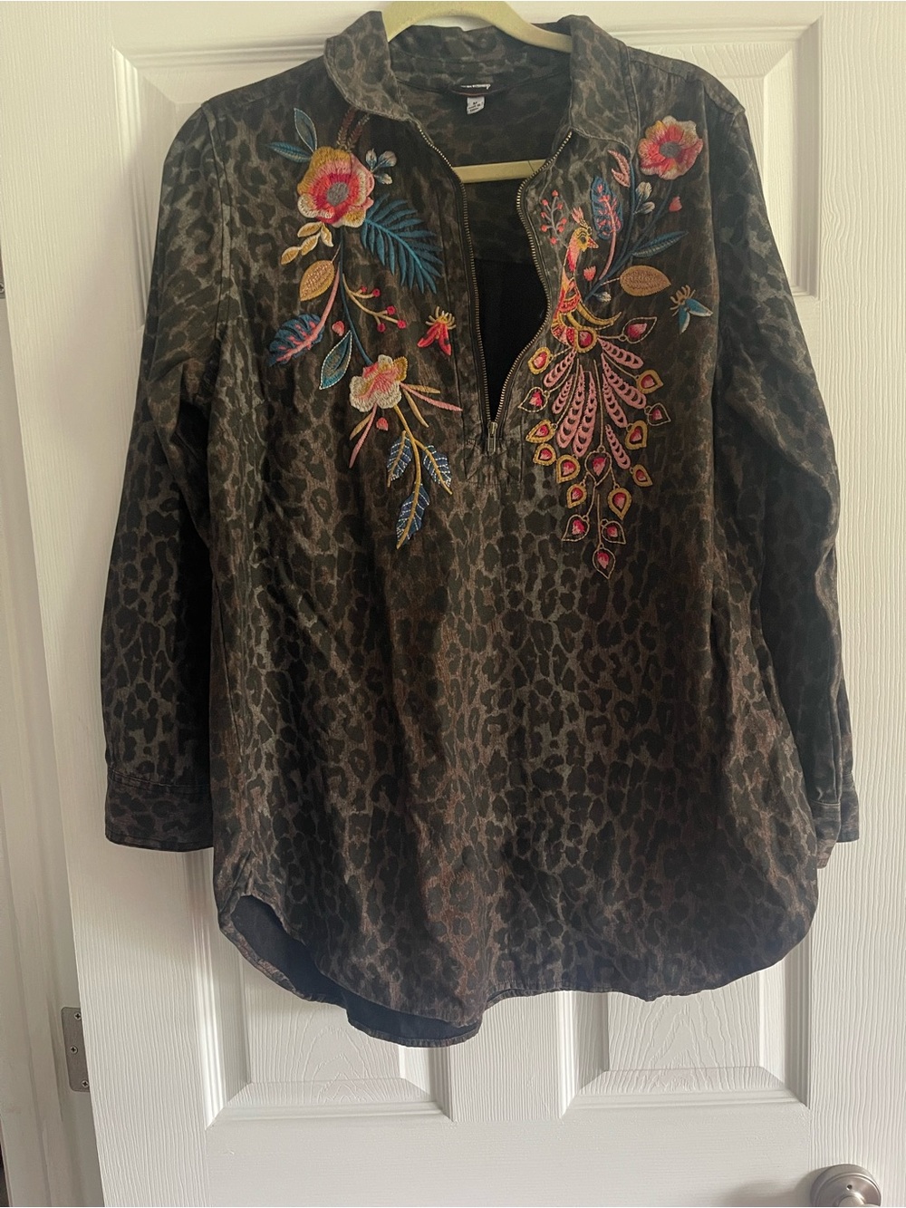 Johnny Was Dark Brown Leopard Tunic with Multicolor Floral Embroidery